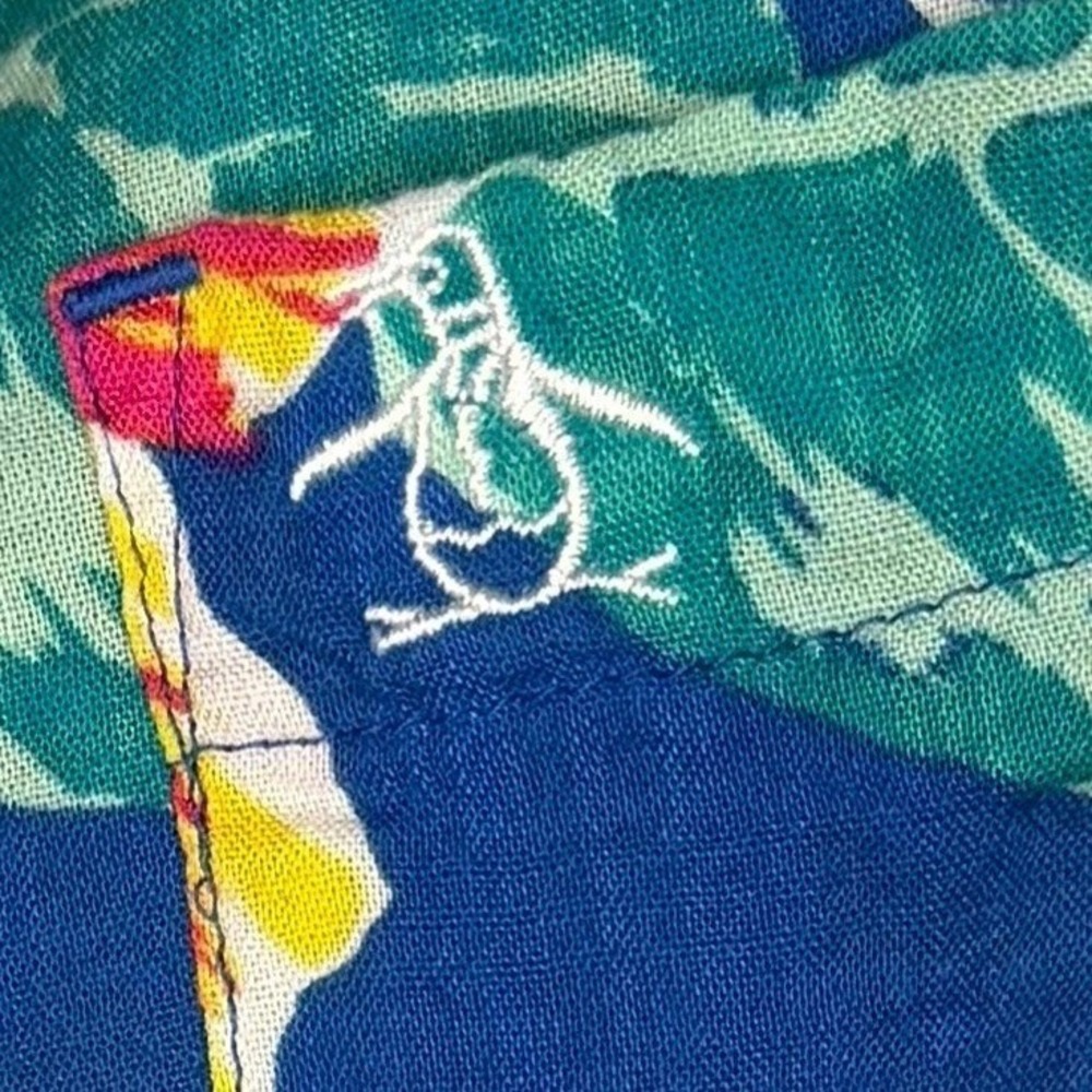 Original Penguin Button Down Mens Large Blue Floral Tropical Hibiscus Shirt - Picture 5 of 7